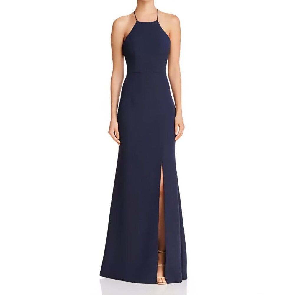 New Bariano -‎ L Navy Blue High-Neck Cross-Back Gown $230